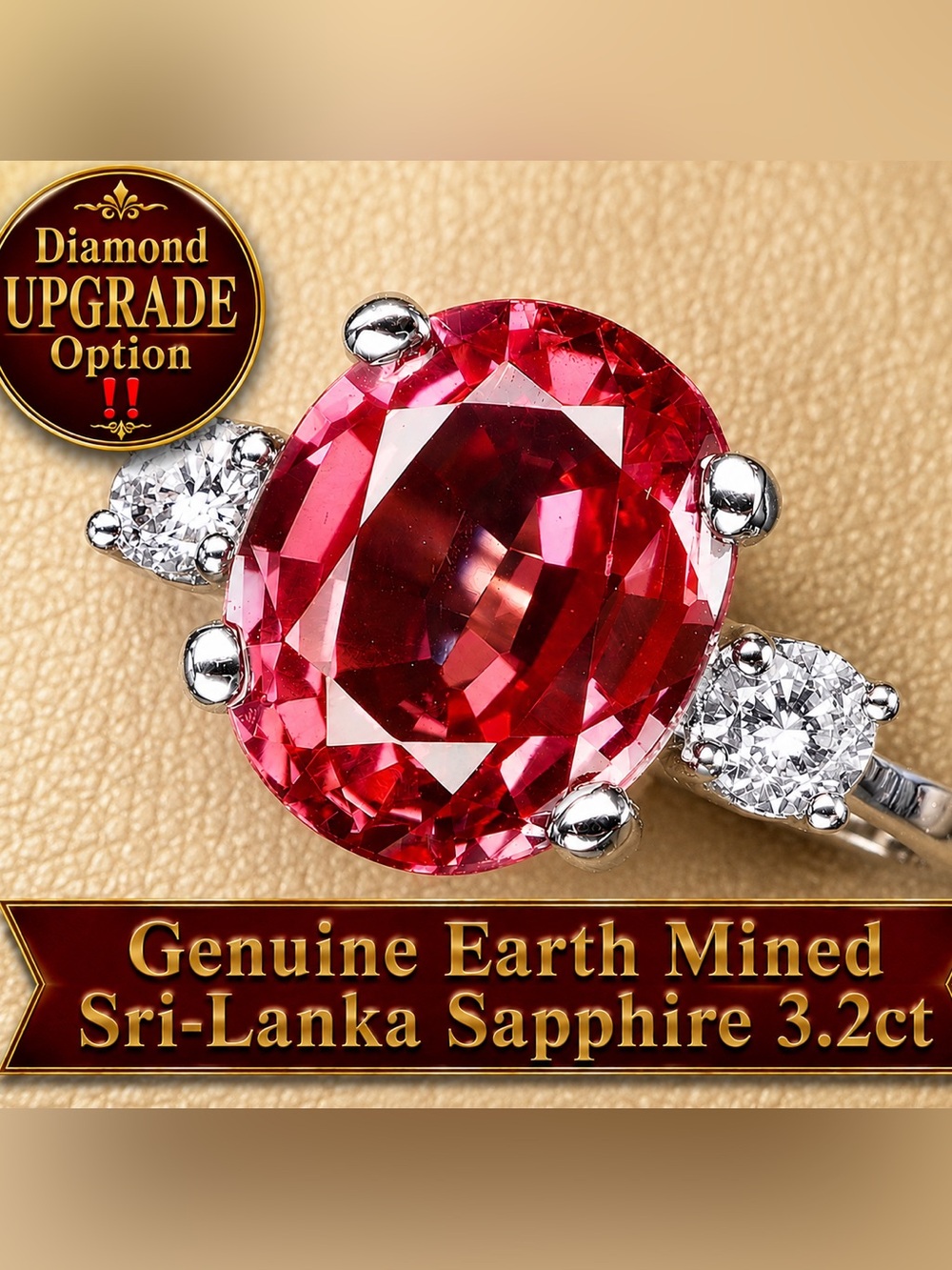 Padparadscha Sapphire 14k white Gold Electroplated sterling 925 3-stone 3.2ct